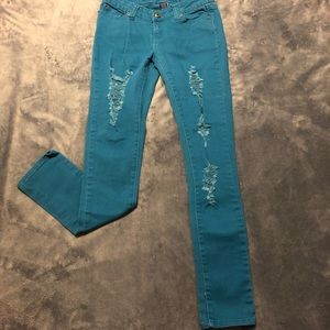 Blue Asphalt Distressed Skinny Jeans- Blue/Turquoi